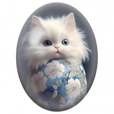 Cabochon en Verre Illustré Chaton Blanc au Vase Fleuri Bleu 13x18, 18x25 ou 30x40mm pour la Création de Bijoux Fantaisie - DIY
