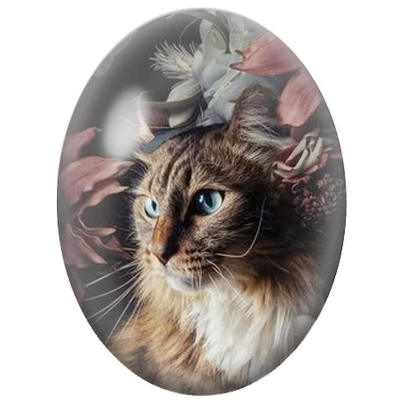 Cabochon en Verre Illustré Chat Tigré parmi les Fleurs Anciennes 13x18, 18x25 ou 30x40mm