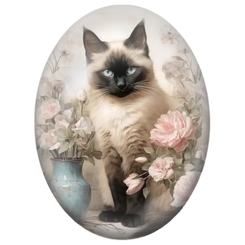 Cabochon en Verre Illustré Chat Siamois parmi les Roses Poudrées 13x18, 18x25 ou 30x40mm