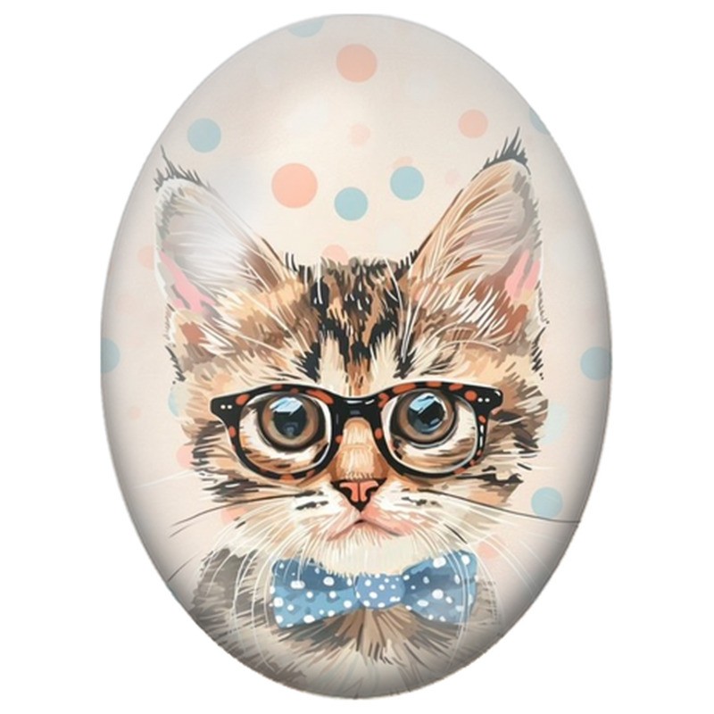 Cabochon en Verre Illustré Chat à Lunettes et Nœud Papillon Bleu 13x18, 18x25 ou 30x40mm