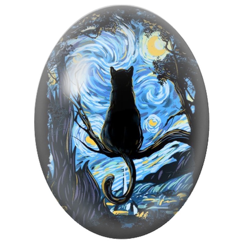 Cabochon en Verre Illustré Chat Noir sous la Nuit Étoilée 13x18, 18x25 ou 30x40mm