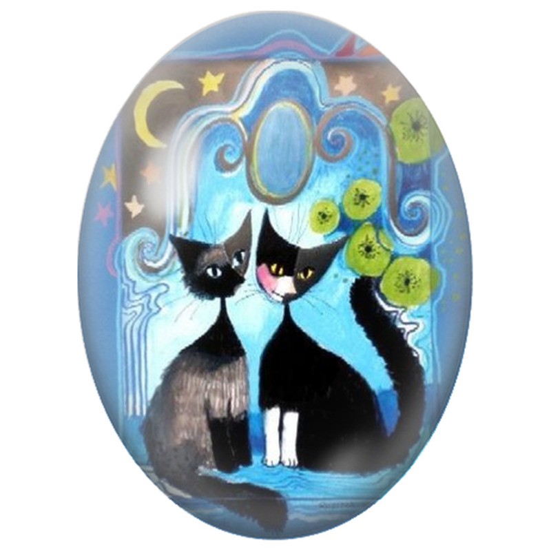 Cabochon en Verre Illustré Deux Chats devant un Miroir Bleu 13x18, 18x25 ou 30x40mm
