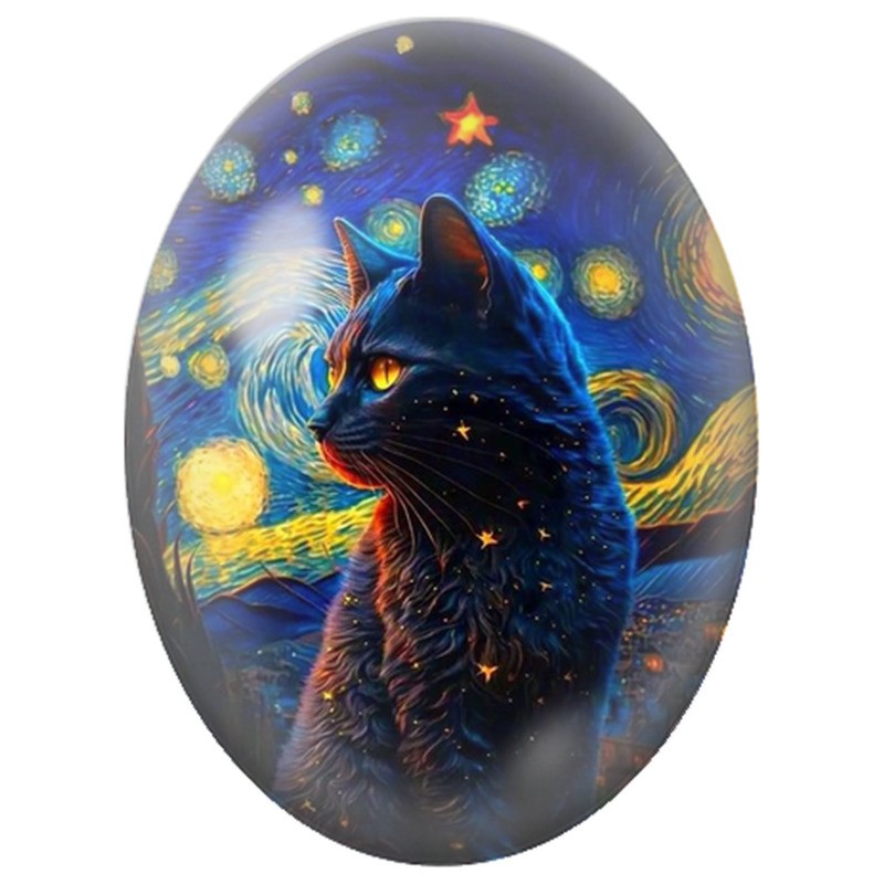Cabochon en Verre Illustré Chat Noir dans la Nuit Tourbillonnante 13x18, 18x25 ou 30x40mm