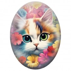 Cabochon en Verre Illustré Chaton Tricolore parmi les Fleurs Colorées 13x18, 18x25 ou 30x40mm pour la Création de Bijoux Fantais