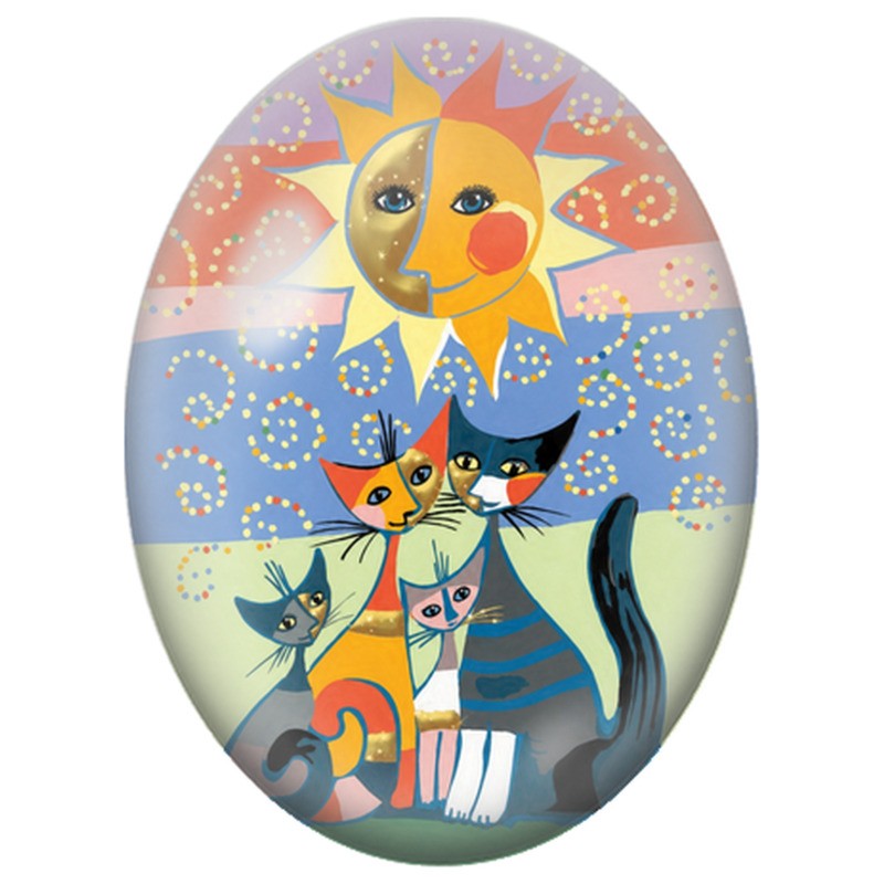 Cabochon en Verre Illustré Famille de Chats sous le Soleil et la Lune 13x18, 18x25 ou 30x40mm