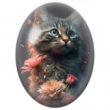 Cabochon en Verre Illustré Chat Tigré aux Fleurs Rose Poudré 13x18, 18x25 ou 30x40mm pour la Création de Bijoux Fantaisie - DIY