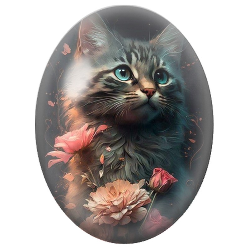 Cabochon en Verre Illustré Chat Tigré aux Fleurs Rose Poudré 13x18, 18x25 ou 30x40mm