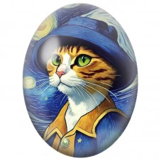 Cabochon en Verre Illustré Chat au Chapeau Bleu sous la Nuit Étoilée 13x18, 18x25 ou 30x40mm pour la Création de Bijoux Fantaisi