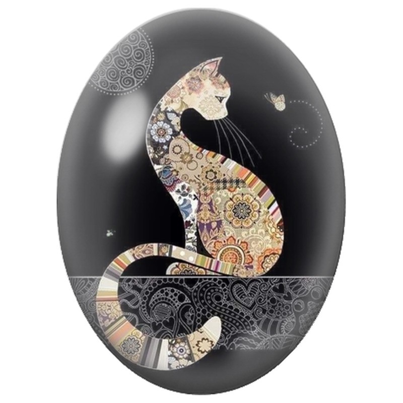 Cabochon en Verre Illustré Chat aux Motifs Bohèmes avec un Papillon 13x18, 18x25 ou 30x40mm