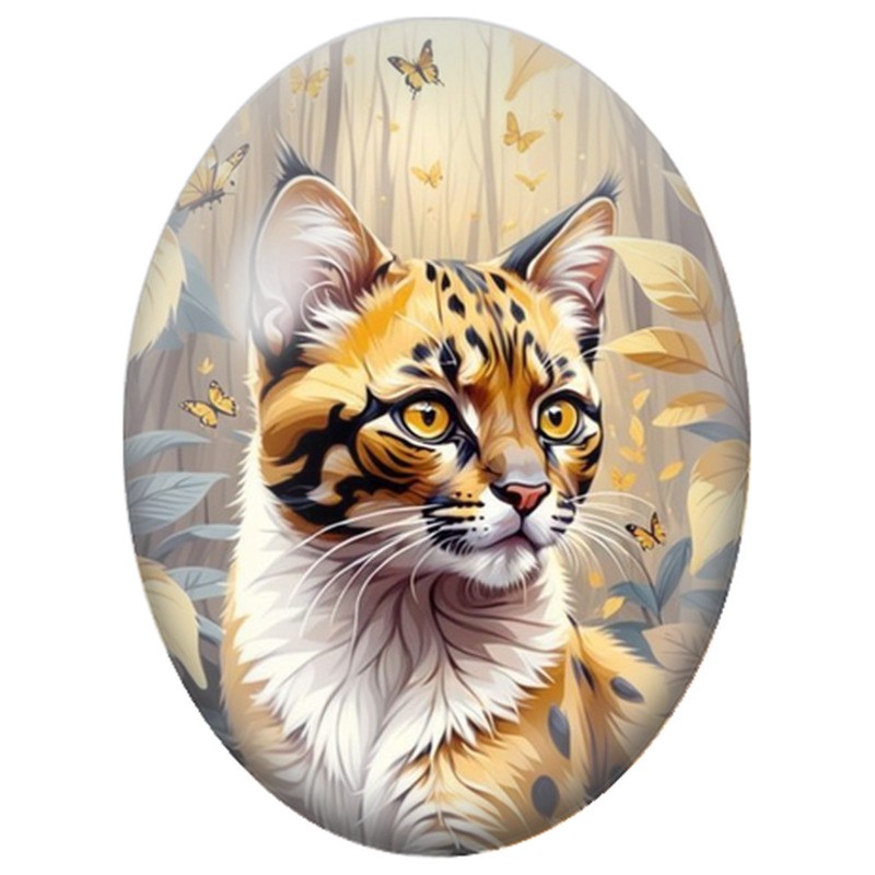 Cabochon en Verre Illustré Chat Tacheté parmi les Papillons d’Automne 13x18, 18x25 ou 30x40mm