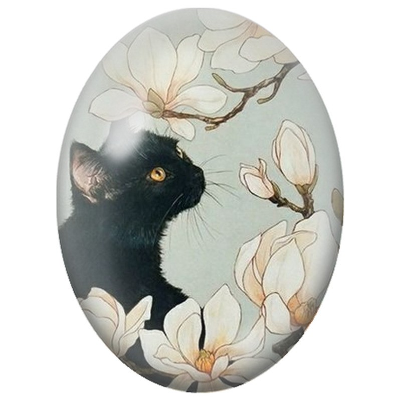 Cabochon en Verre Illustré Chat Noir parmi les Magnolias Blancs 13x18, 18x25 ou 30x40mm