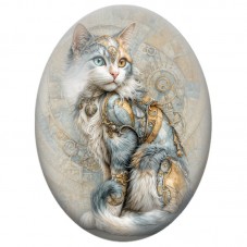 Cabochon en Verre Illustré Chat Steampunk en Armure Dorée 13x18, 18x25 ou 30x40mm pour la Création de Bijoux Fantaisie - DIY