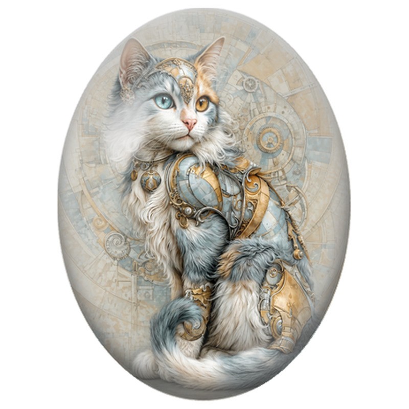 Cabochon en Verre Illustré Chat Steampunk en Armure Dorée 13x18, 18x25 ou 30x40mm