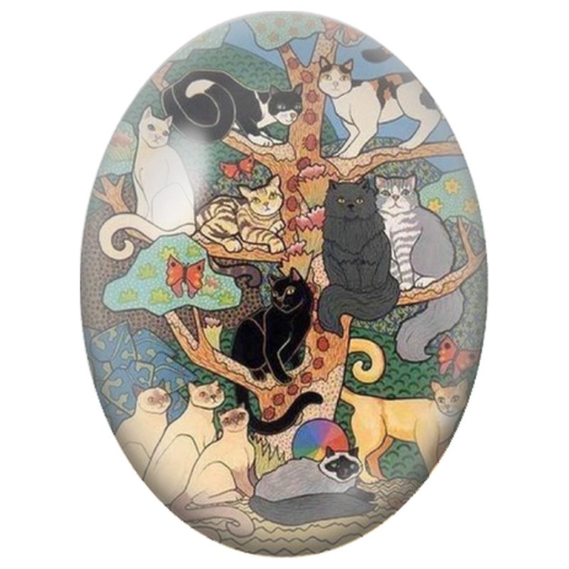 Cabochon en Verre Illustré Chats dans l’Arbre aux Papillons 13x18, 18x25 ou 30x40mm