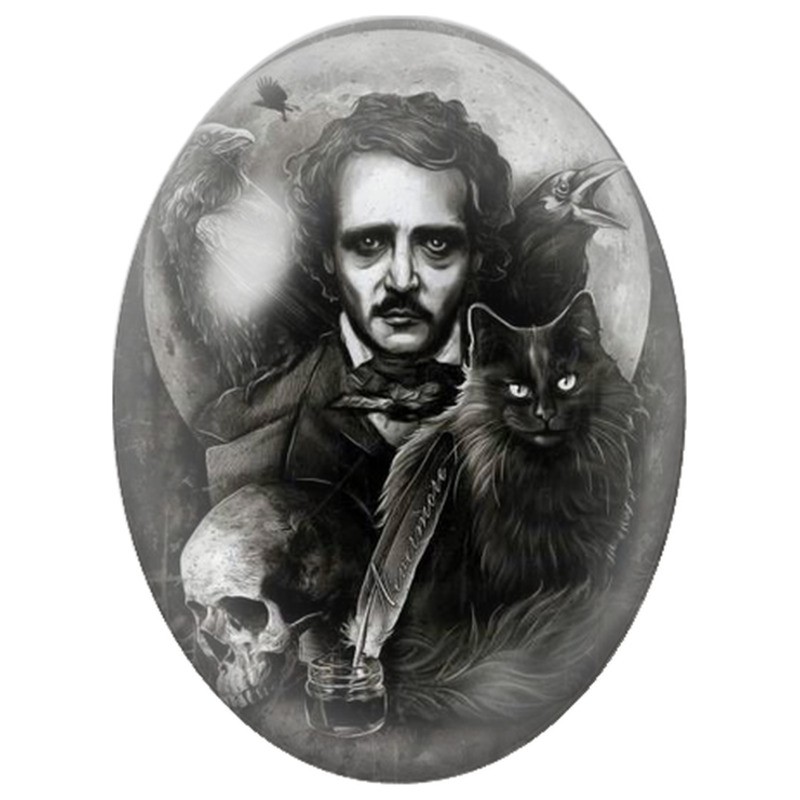 Cabochon en Verre Illustré Écrivain Sombre avec son Chat Noir 13x18, 18x25 ou 30x40mm