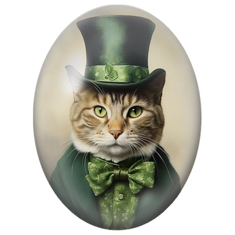 Cabochon en Verre Illustré Chat Porte-Bonheur au Chapeau Vert 13x18, 18x25 ou 30x40mm