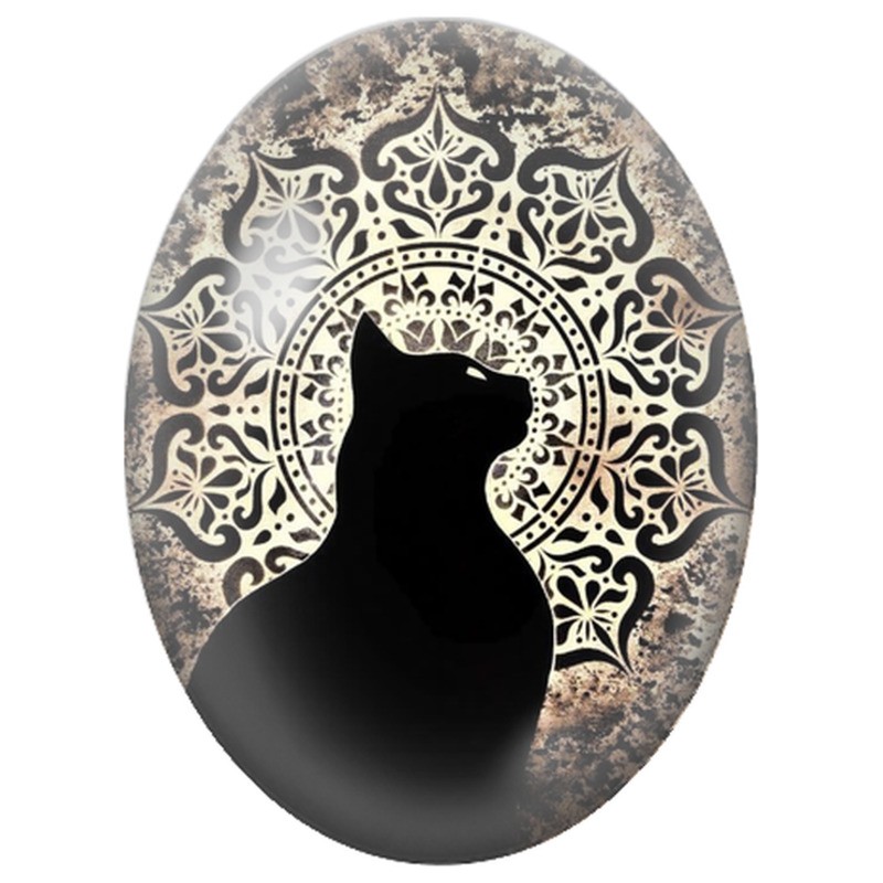 Cabochon en Verre Illustré Chat Noir devant une Rosace Ancienne 13x18, 18x25 ou 30x40mm