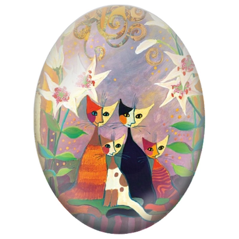 Cabochon en Verre Illustré Famille de Chats parmi les Lys Blancs 13x18, 18x25 ou 30x40mm