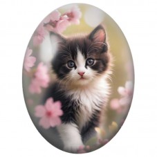 Cabochon en Verre Illustré Chaton Noir et Blanc aux Fleurs Roses 13x18, 18x25 ou 30x40mm pour la Création de Bijoux Fantaisie - 