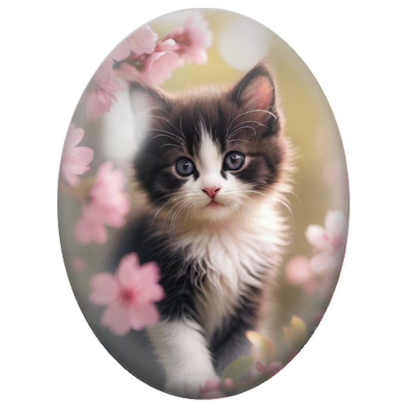 Cabochon en Verre Illustré Chaton Noir et Blanc aux Fleurs Roses 13x18, 18x25 ou 30x40mm