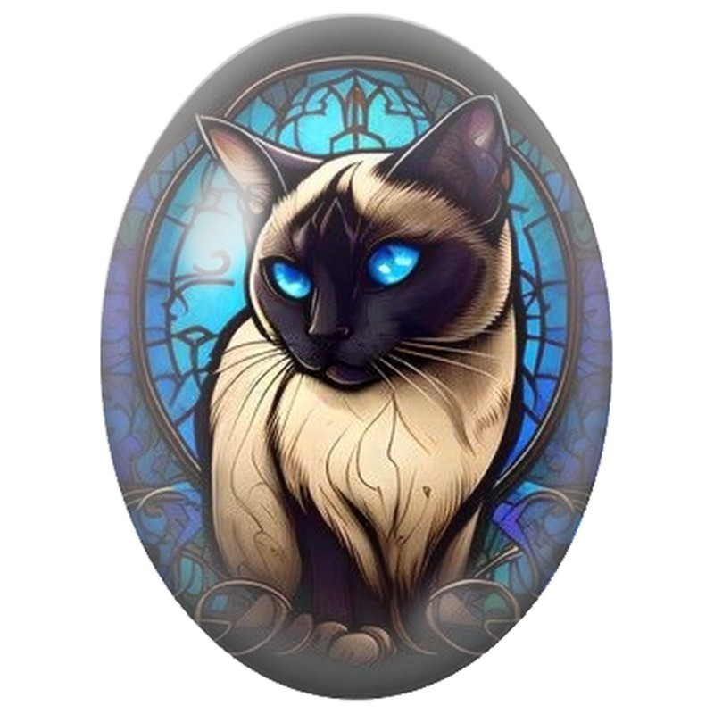 Cabochon en Verre Illustré Chat Siamois dans un Vitrail Bleu 13x18, 18x25 ou 30x40mm