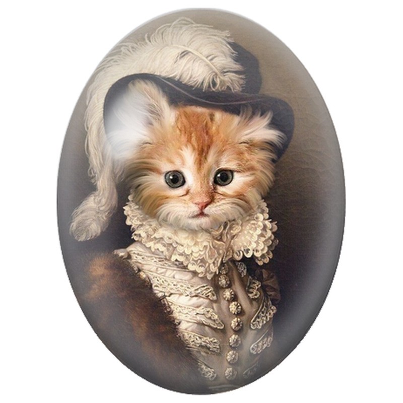 Cabochon en Verre Illustré Chaton Mousquetaire au Chapeau à Plume 13x18, 18x25 ou 30x40mm