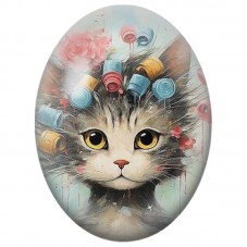Cabochon en Verre Illustré Chat aux Bigoudis Colorés 13x18, 18x25 ou 30x40mm pour la Création de Bijoux Fantaisie - DIY