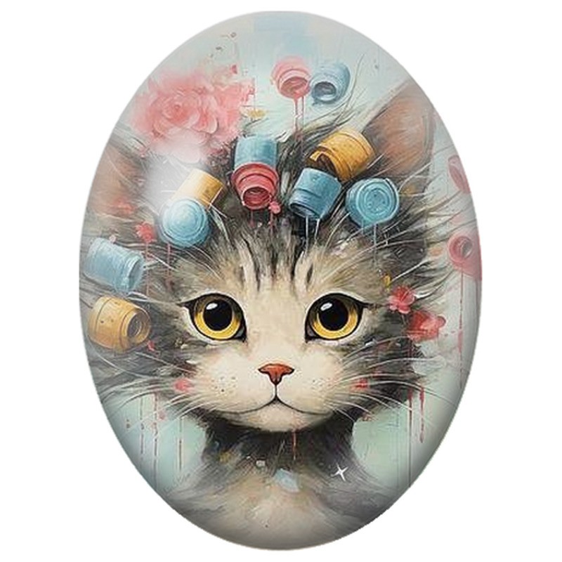 Cabochon en Verre Illustré Chat aux Bigoudis Colorés 13x18, 18x25 ou 30x40mm