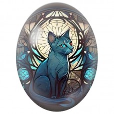 Cabochon en Verre Illustré Chat Bleu dans un Vitrail Art Nouveau 13x18, 18x25 ou 30x40mm pour la Création de Bijoux Fantaisie - 