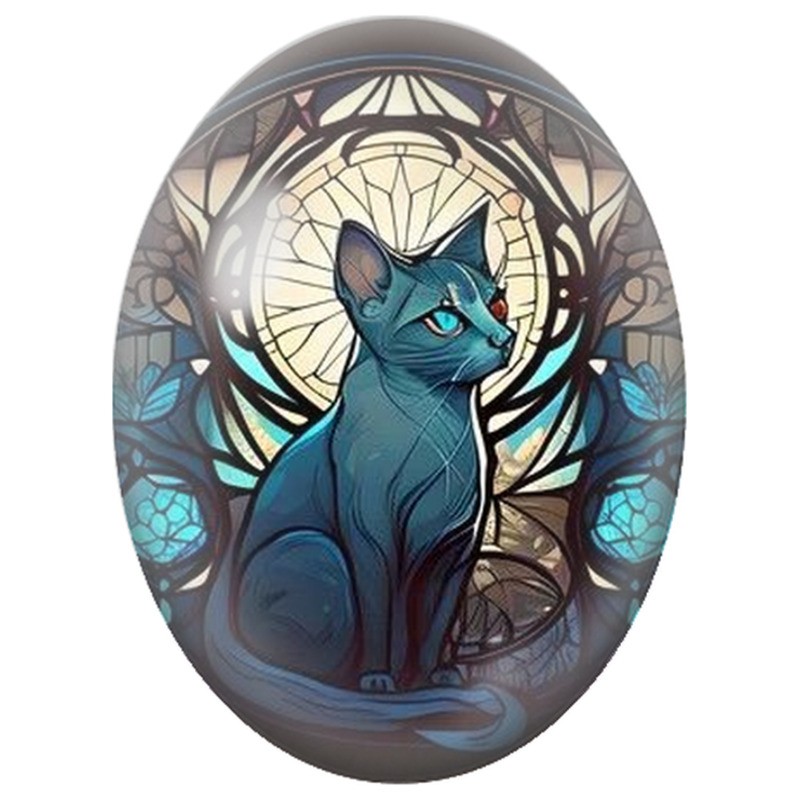 Cabochon en Verre Illustré Chat Bleu dans un Vitrail Art Nouveau 13x18, 18x25 ou 30x40mm