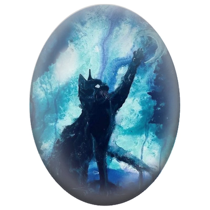 Cabochon en Verre Illustré Chat Noir Attrape-Lune dans la Forêt 13x18, 18x25 ou 30x40mm
