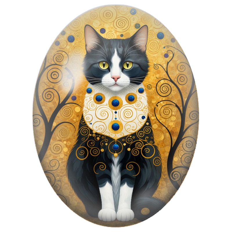 Cabochon en Verre Illustré Chat Noir et Blanc aux Bijoux Bleus 13x18, 18x25 ou 30x40mm
