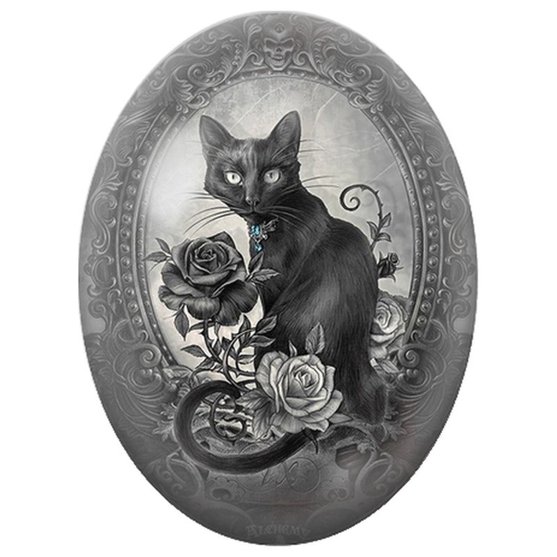 Cabochon en Verre Illustré Chat Noir aux Roses Gothiques 13x18, 18x25 ou 30x40mm
