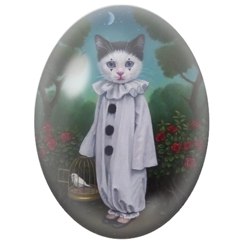 Cabochon en Verre Illustré Chat Pierrot dans le Jardin Nocturne 13x18, 18x25 ou 30x40mm