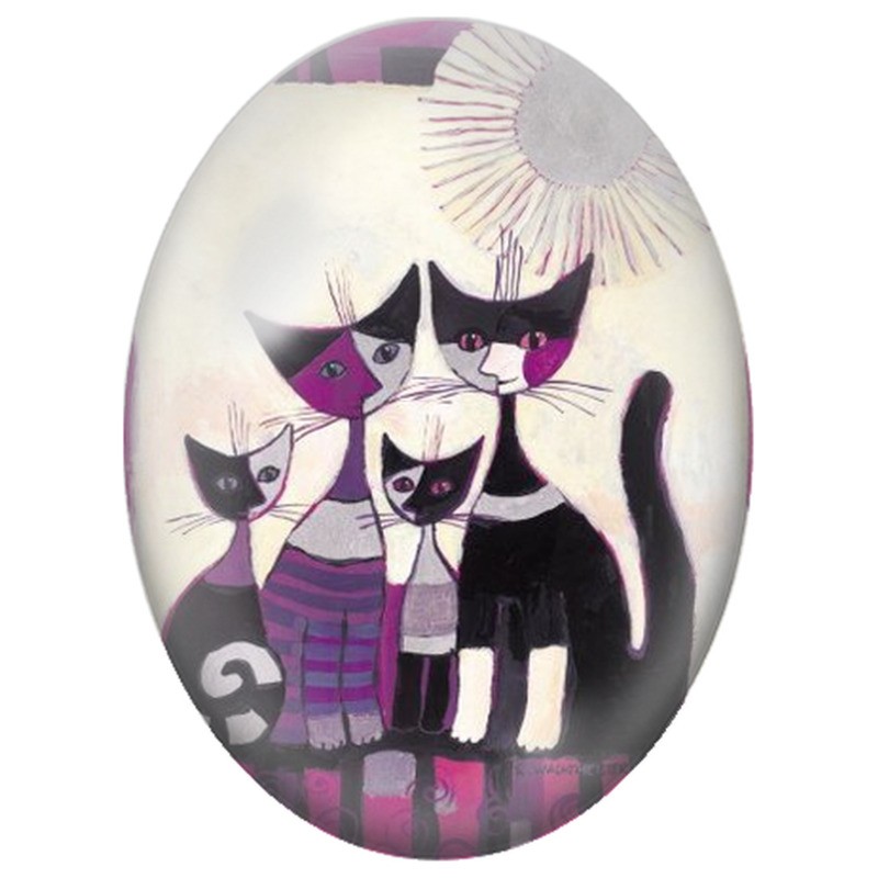 Cabochon en Verre Illustré Famille de Chats Violets et Noirs 13x18, 18x25 ou 30x40mm