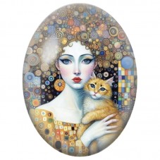 Cabochon en Verre Illustré Femme aux Cheveux Mosaïque avec son Chat Roux 13x18, 18x25 ou 30x40mm pour la Création de Bijoux Fant