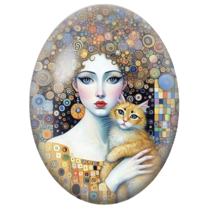 Cabochon en Verre Illustré Femme aux Cheveux Mosaïque avec son Chat Roux 13x18, 18x25 ou 30x40mm