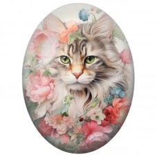 Cabochon en Verre Illustré Chat Tigré dans un Jardin de Pivoines 13x18, 18x25 ou 30x40mm pour la Création de Bijoux Fantaisie - 