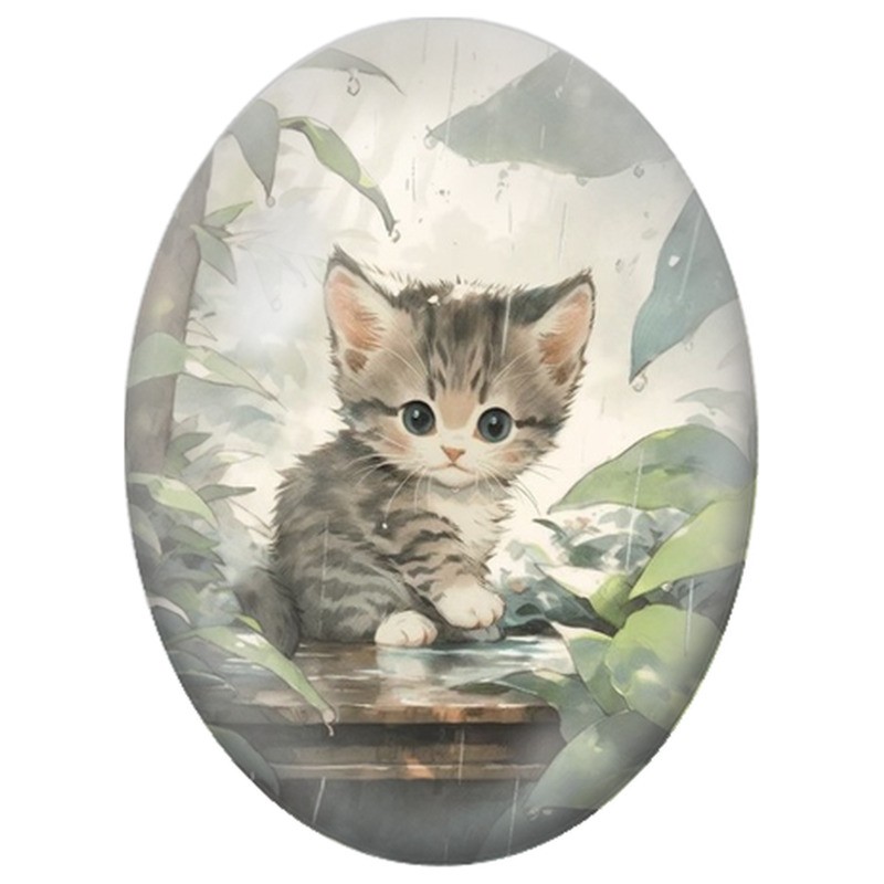 Cabochon en Verre Illustré Chaton Tigré sous la Pluie 13x18, 18x25 ou 30x40mm