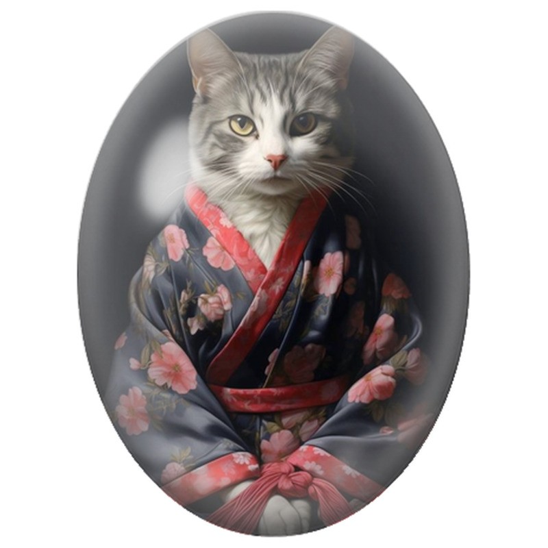Cabochon en Verre Illustré Chat en Kimono aux Fleurs Roses 13x18, 18x25 ou 30x40mm