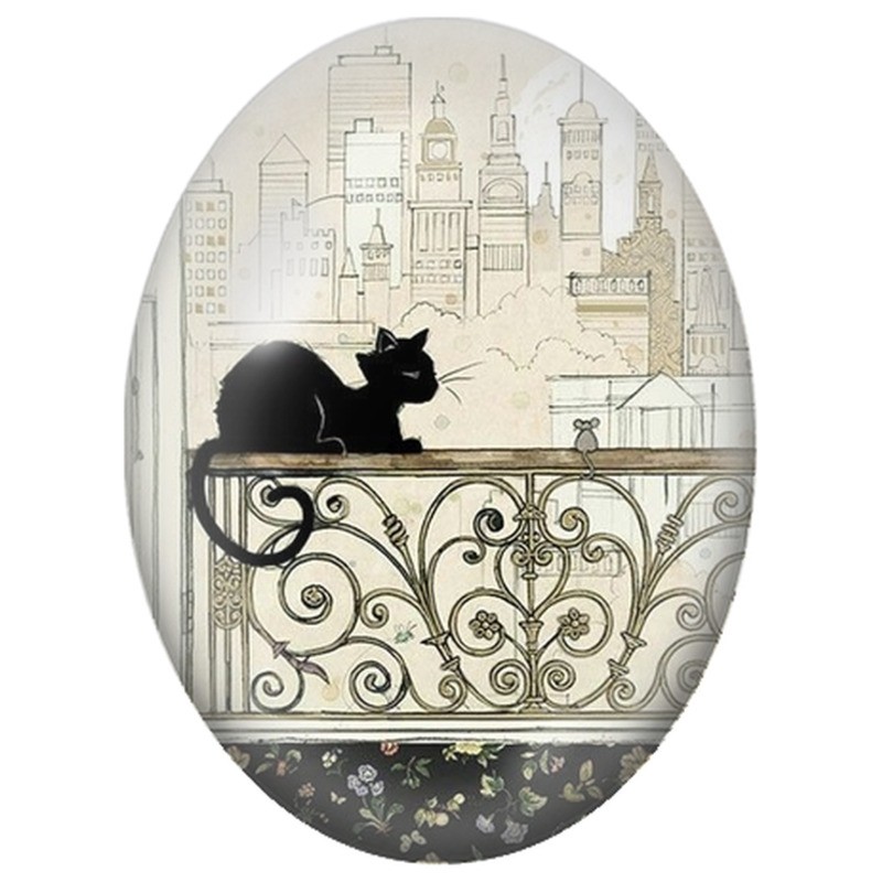 Cabochon en Verre Illustré Chat Noir sur un Balcon avec une Souris 13x18, 18x25 ou 30x40mm