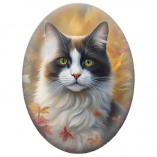 Cabochon en Verre Illustré Chat Tricolore parmi les Feuilles d’Automne 13x18, 18x25 ou 30x40mm pour la Création de Bijoux Fantai
