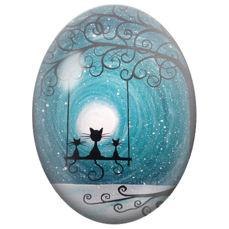 Cabochon en Verre Illustré Trois Chats sur une Balançoire sous la Lune 13x18, 18x25 ou 30x40mm