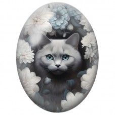 Cabochon en Verre Illustré Chat Gris parmi les Chrysanthèmes Blancs 13x18, 18x25 ou 30x40mm pour la Création de Bijoux Fantaisie