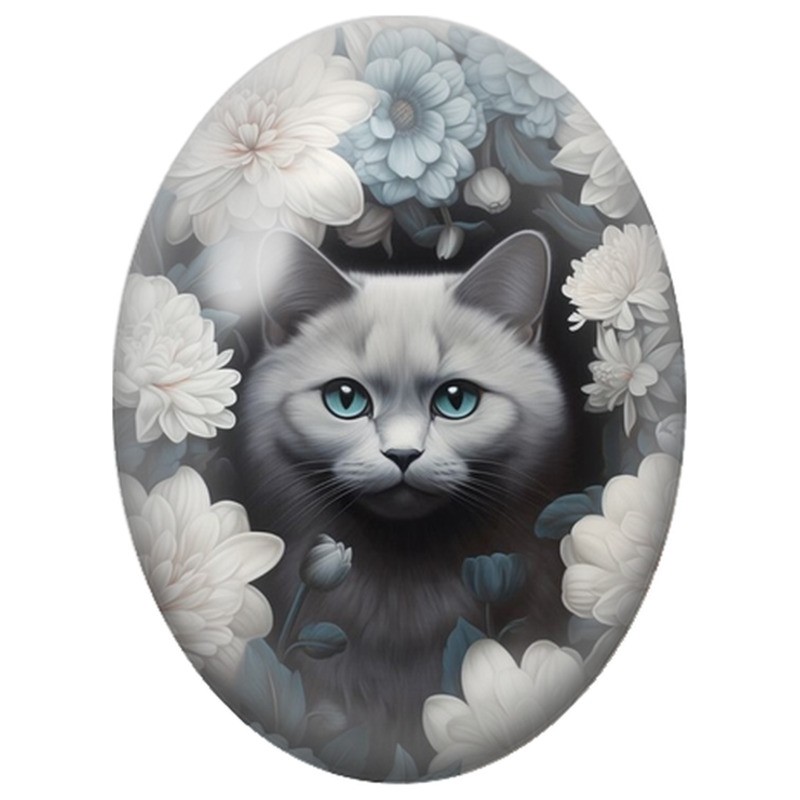 Cabochon en Verre Illustré Chat Gris parmi les Chrysanthèmes Blancs 13x18, 18x25 ou 30x40mm