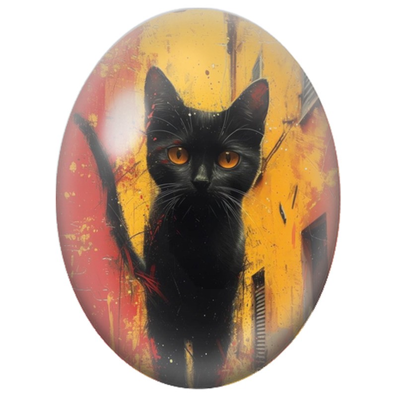 Cabochon en Verre Illustré Chat Noir dans la Ville Orange 13x18, 18x25 ou 30x40mm