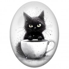 Cabochon en Verre Illustré Chat Noir dans une Tasse 13x18, 18x25 ou 30x40mm pour la Création de Bijoux Fantaisie - DIY