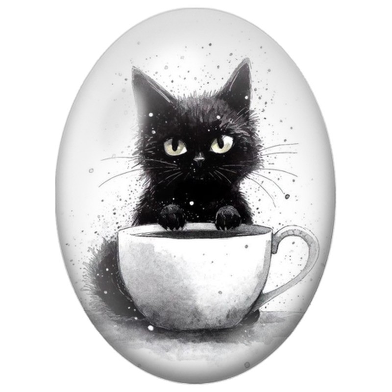 Cabochon en Verre Illustré Chat Noir dans une Tasse 13x18, 18x25 ou 30x40mm