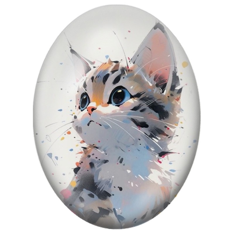 Cabochon en Verre Illustré Chaton Tigré aux Éclaboussures Colorées 13x18, 18x25 ou 30x40mm