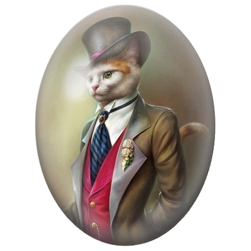 Cabochon en Verre Illustré Chat Gentleman au Gilet Rose 13x18, 18x25 ou 30x40mm
